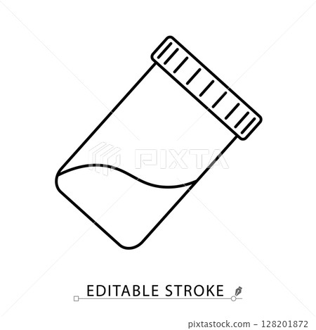 A urine test container icon in minimalist style with editable stroke. Medical sample jar, lab analysis, specimen bottle, diagnostic testing, health checkup, outline object, vector illustration. 128201872