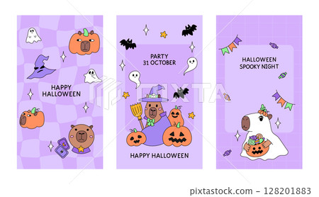 Party invitation templates set with Halloween with funny capybara animals 128201883