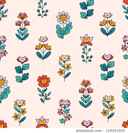 Retro seamless pattern of field and garden flowers with cute cats Retro seamless pattern of field and garden flowers with cute cats 128201935