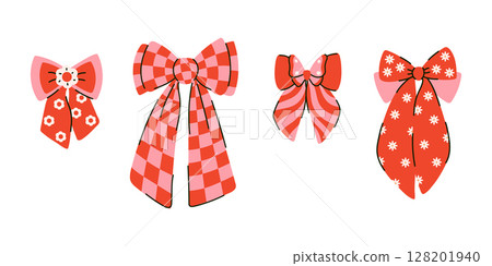 Retro set of elegant bow knots in cage, with butterfly and daisy flowers 128201940