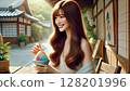 A woman eating colorful shaved ice on the veranda of an old house 128201996