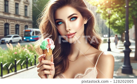 Young woman eating a popsicle Young woman eating a popsicle 128202005