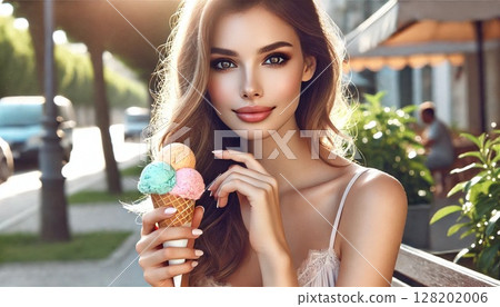 A woman eating ice cream A woman eating ice cream 128202006