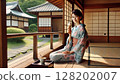 A beautiful woman in a kimono eating ice cream while sitting upright 128202007