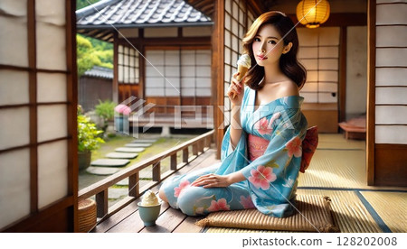 A young woman in a yukata relaxing in a Japanese-style room in an old house and eating ice cream A young woman in a yukata relaxing in a Japanese-style room in an old house and eating ice cream 128202008