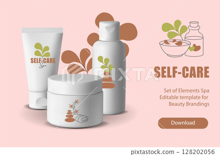 Spa and Self-Care Body Product Banner with Cosmetic Jars and Tubes for Wellness Brands. Vector editable template 128202056