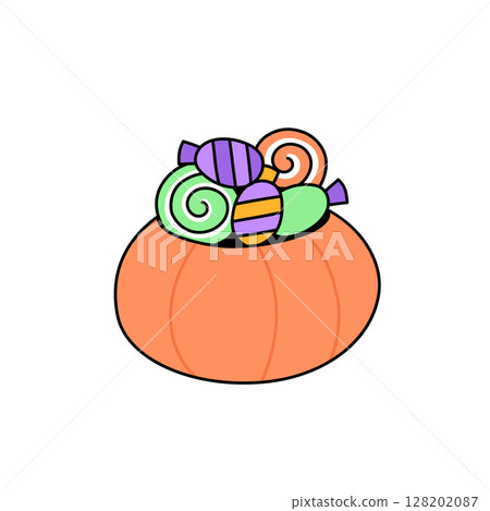 Halloween pumpkin bucket with candies 128202087