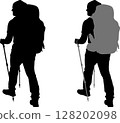 Hiker with backpack and sticks silhouette - vector 128202098
