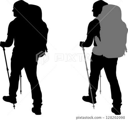 Hiker with backpack and sticks silhouette - vector Hiker with backpack and sticks silhouette - vector 128202098