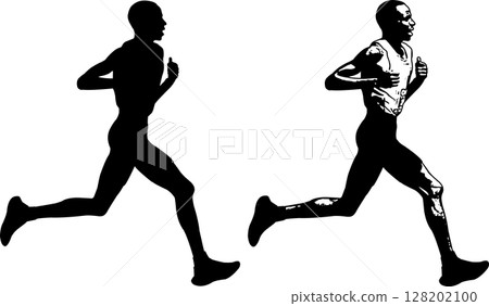 marathon runner sketch and silhouette - vector marathon runner sketch and silhouette - vector 128202100