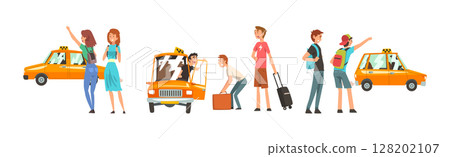 Man and Woman Passenger Hire Yellow Taxi Cab Service Vector Set 128202107
