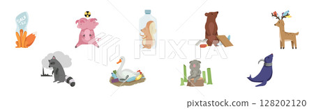 Animal Suffering from Contaminated Nature and Environment Pollution Effect Vector Set 128202120