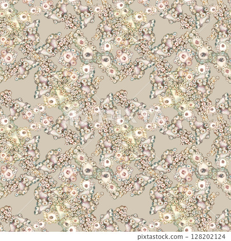 Seamless pattern of underwater sea sponges porifera. Watercolor illustration in gentle beige tones on a cream background for sea design, bed linen, blanket, wallpaper, packaging, towel, diving, crafts 128202124