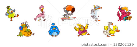 Funny Tropical Bird Character Enjoy Different Activity Vector Set Funny Tropical Bird Character Enjoy Different Activity Vector Set 128202129