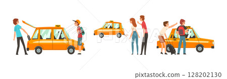 Man and Woman Passenger Hire Yellow Taxi Cab Service Vector Set 128202130