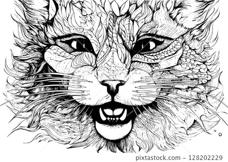 Black and white illustration of an angry cat with open mouth and sharp teeth 128202229