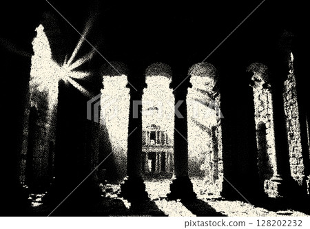 Ancient ruins in sci-fi scene with dotwork retro style. Mysterious gate debris with dramatic lights and retro texture 128202232