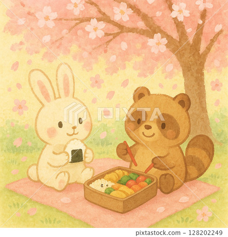 Illustration of a rabbit and a raccoon dog enjoying cherry blossom viewing under the cherry blossoms Illustration of a rabbit and a raccoon dog enjoying cherry blossom viewing under the cherry blossoms 128202249