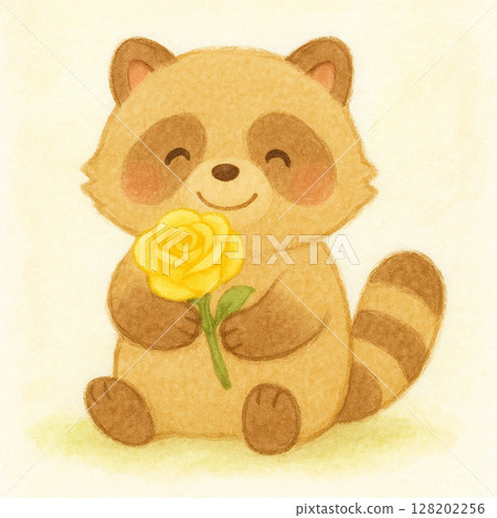 父親節浣熊手捧黃玫瑰的插圖(單曲) 父親節浣熊手捧黃玫瑰的插圖(單曲) 128202256