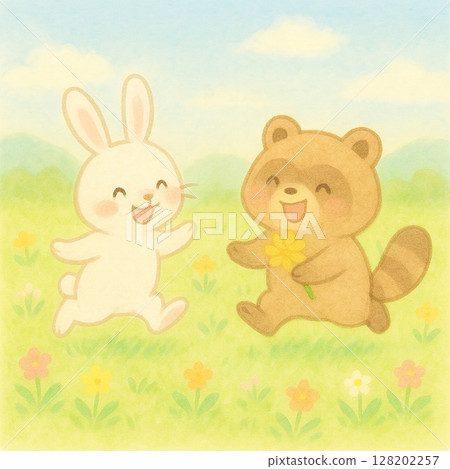 一隻兔子和一隻浣熊在春天的田野裡奔跑的插圖 一隻兔子和一隻浣熊在春天的田野裡奔跑的插圖 128202257