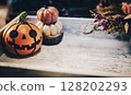 Halloween pumpkin and wooden tray 128202293