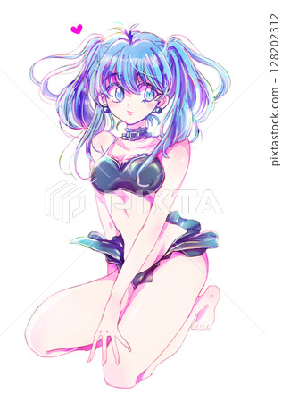 Woman in swimsuit, twin tails, blue hair 128202312