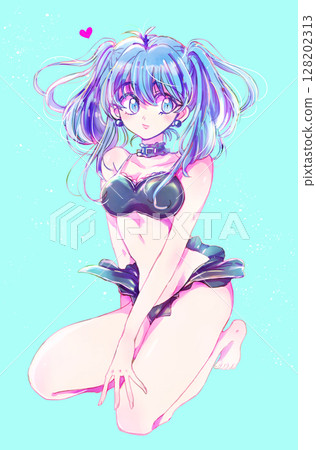 Woman in swimsuit, twin tails, blue hair Woman in swimsuit, twin tails, blue hair 128202313