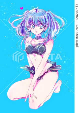穿泳衣、雙馬尾、藍頭髮的女人 128202314