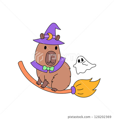 Funny cartoon witch capybara on broomstick with cute ghost Funny cartoon witch capybara on broomstick with cute ghost 128202369