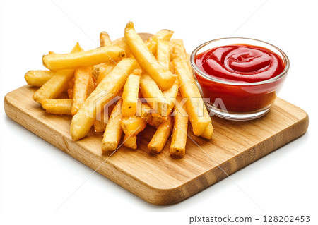 A wooden board holds golden french fries next to a bowl of vibrant red chili sauce, isolated on a white background. 128202453