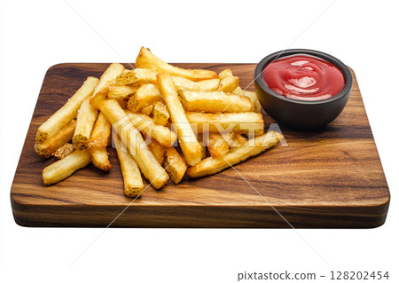 A wooden board holds golden french fries next to a bowl of vibrant red chili sauce, isolated on a white background. 128202454
