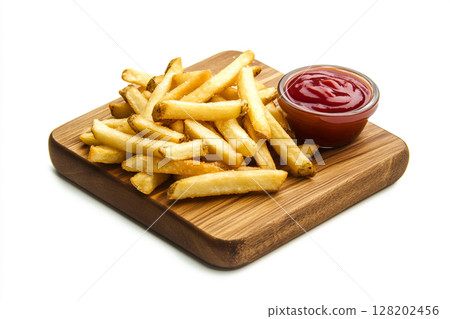 A wooden board holds golden french fries next to a bowl of vibrant red chili sauce, isolated on a white background. 128202456