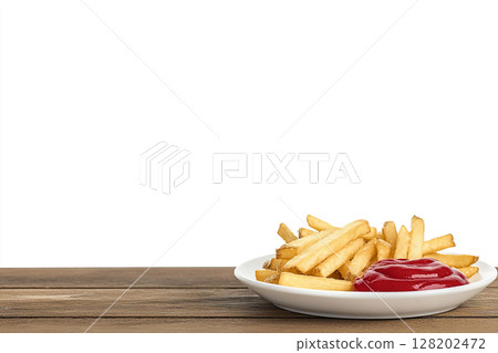 A wooden board holds golden french fries next to a bowl of vibrant red chili sauce, isolated on a white background. 128202472