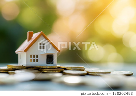 A miniature house rests atop a stack of gold and silver coins, symbolizing real estate investment and financial growth. A miniature house rests atop a stack of gold and silver coins, symbolizing real estate investment and financial growth. 128202498