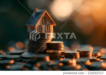 A miniature house rests atop a stack of gold and silver coins, symbolizing real estate investment and financial growth. 128202517
