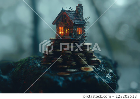 A miniature house rests atop a stack of gold and silver coins, symbolizing real estate investment and financial growth. 128202518