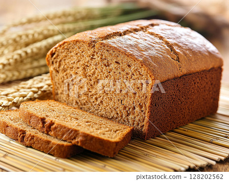 A freshly baked loaf of brown bread, rests on a bamboo mat alongside wheat stalks, highlighting its rustic appeal. A freshly baked loaf of brown bread, rests on a bamboo mat alongside wheat stalks, highlighting its rustic appeal. 128202562
