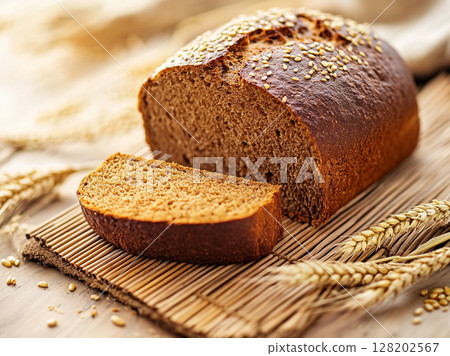 A freshly baked loaf of brown bread, rests on a bamboo mat alongside wheat stalks, highlighting its rustic appeal. 128202567