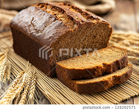 A freshly baked loaf of brown bread, rests on a bamboo mat alongside wheat stalks, highlighting its rustic appeal. 128202571
