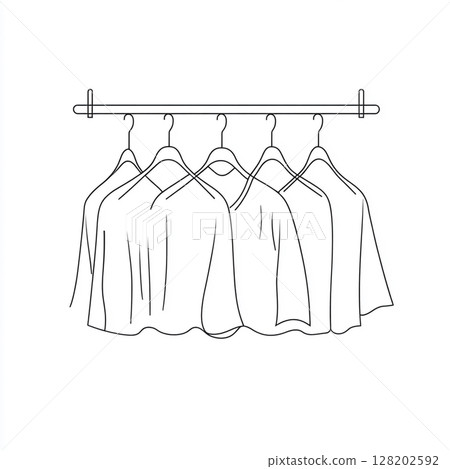 A minimalist one-line drawing shows cloths hanging on hangers from a rod against a white background. A minimalist one-line drawing shows cloths hanging on hangers from a rod against a white background. 128202592