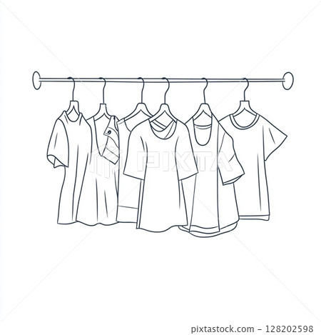 A minimalist one-line drawing shows cloths hanging on hangers from a rod against a white background. A minimalist one-line drawing shows cloths hanging on hangers from a rod against a white background. 128202598