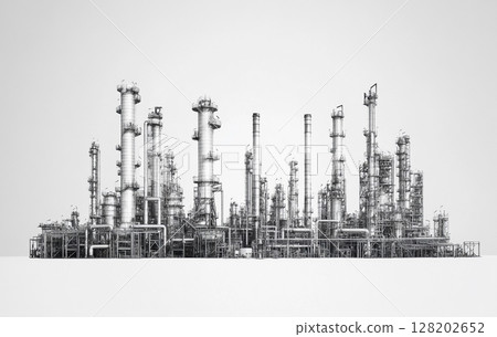 A massive industrial oil or petrochemical plant, with complex pipe networks, storage tanks, and tall structures.  128202652