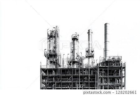 A massive industrial oil or petrochemical plant, with complex pipe networks, storage tanks, and tall structures.  128202661
