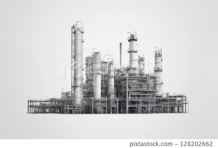 A massive industrial oil or petrochemical plant, with complex pipe networks, storage tanks, and tall structures.  128202662