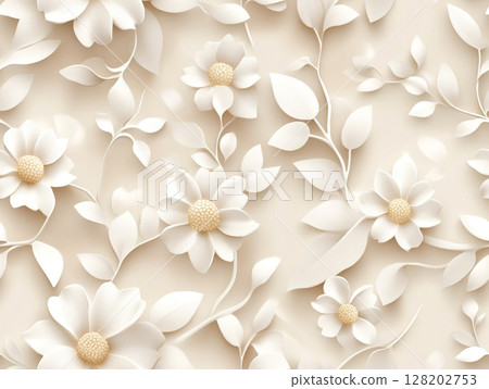 A beautiful 3D relief of white daisies and leaves creates a soft, textural, and elegant floral pattern on a cream background. 128202753