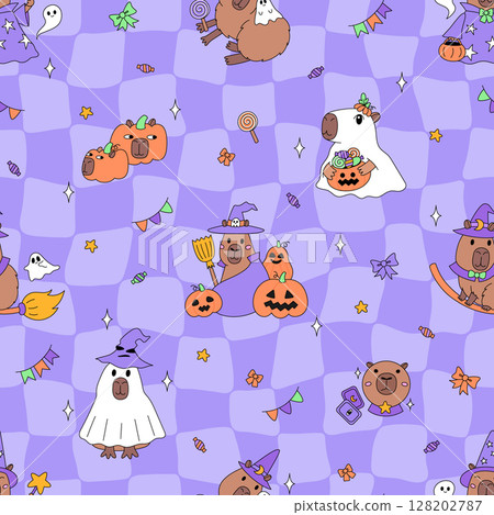Happy Halloween seamkess pattern with funny capybara animals 128202787