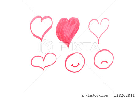 Creative Valentine's Day set with red heart and smiley face drawn with marker on white background, isolated. 128202811