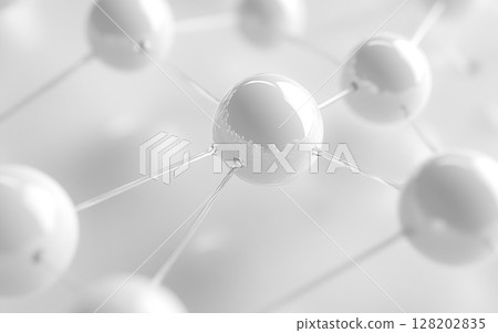 A detailed close-up shows a network of interconnected white molecules or atoms, suggesting scientific research or microscopic structures. 128202835