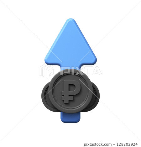 Rising value of the ruble, 3D coin symbol with an arrow pointing up Rising value of the ruble, 3D coin symbol with an arrow pointing up 128202924