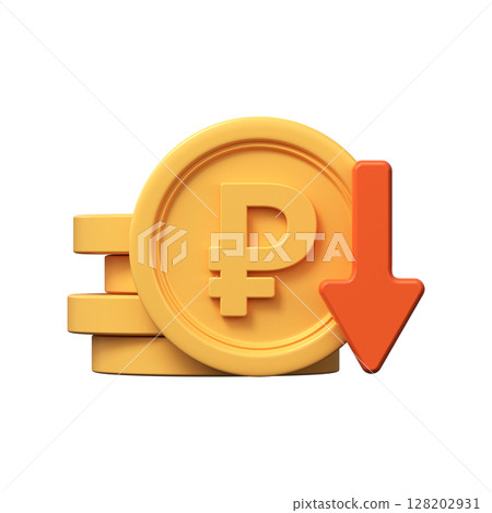 3d ruble coin with red arrow down, symbol of fall of Russian currency 3d ruble coin with red arrow down, symbol of fall of Russian currency 128202931